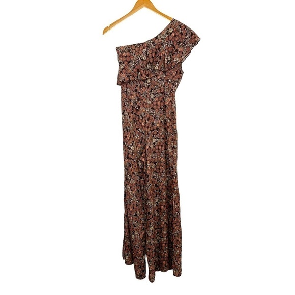 Nasty Gal Womens One on One Floral Jumpsuit Sz 2 Brown One Shoulder Side Slits - Picture 3 of 10